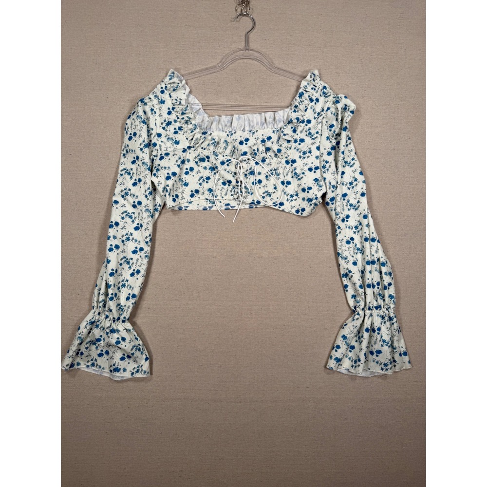 Blue Floral Crop Top Long Sleeve Lace Up Cottagecore Halloween Costume Blouse